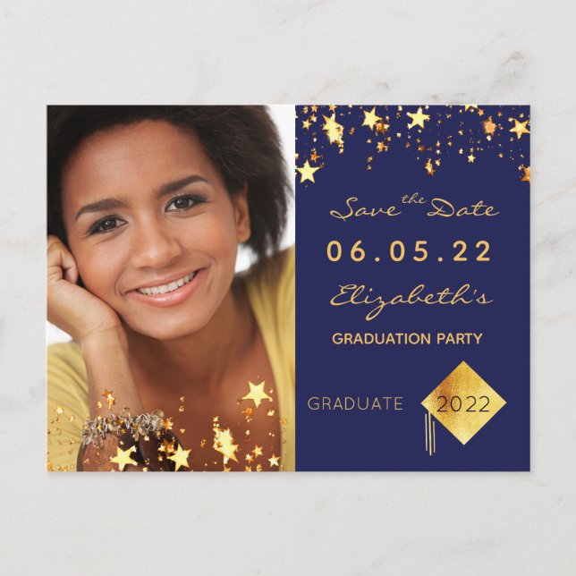 Save the Date Foto Graduierungsparty Blau 2025 Postkarte (Vorderseite)