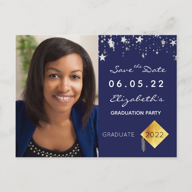 Save the Date Foto Graduierungsparty blau Postkarte (Vorderseite)