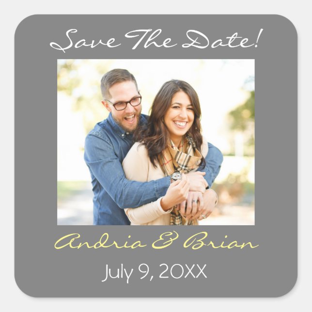 Save the Date/ Foto/Grau-Gelb personalisieren Quadratischer Aufkleber (Vorderseite)