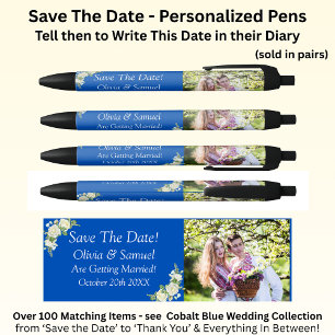 Save the Date - Foto + Kobalt Blaue und Weiße Rose Kugelschreiber