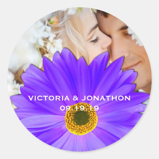 Save the Date Foto Lavender Gerber Daisy Wedding Runder Aufkleber (Vorderseite)