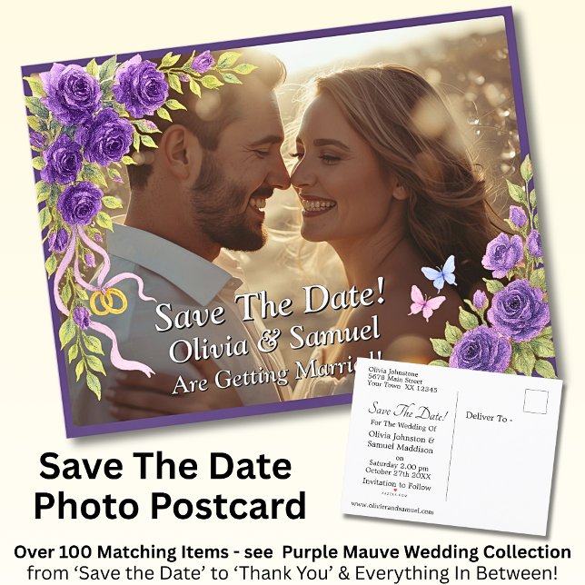 Save the Date, Foto - Lila Mauve-Blume und Weiß Ankündigungspostkarte (Von Creator hochgeladen)