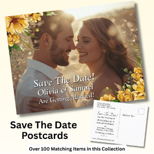 Save the Date - Foto mit goldgelben Blumen Ankündigungspostkarte