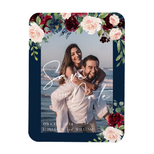 Save the Date Foto Navy Burgund und Blush Magnet (Vertikal)