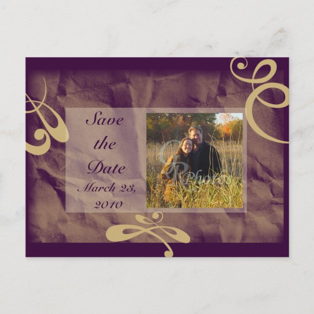 Save the Date Foto Postcard Lila/Khaki Ankündigungspostkarte (Vorderseite)