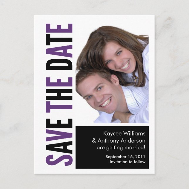Save the Date Foto POSTCARD! Lila und schwarz Ankündigungspostkarte (Vorderseite)