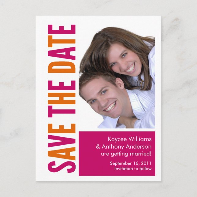 Save the Date Foto POSTCARD! Orange und Rosa Ankündigungspostkarte (Vorderseite)