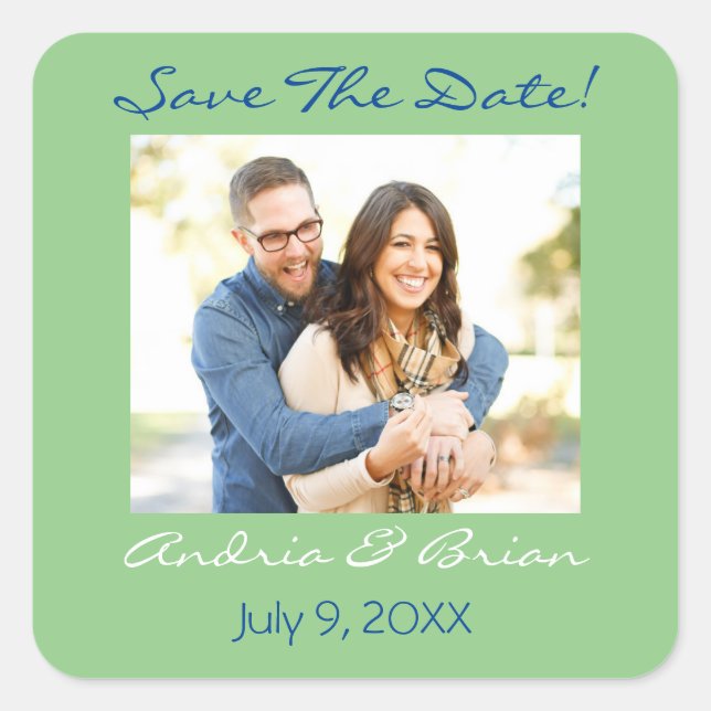 Save the Date/ Foto/Sage & Blau personalisieren Quadratischer Aufkleber (Vorderseite)