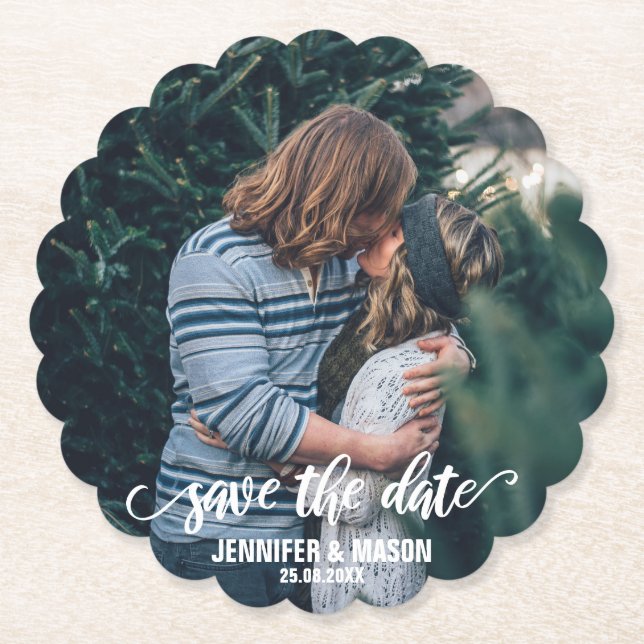 Save the Date Foto-Schablonen-Kalligraphie-Skript Untersetzer (Vorderseite)