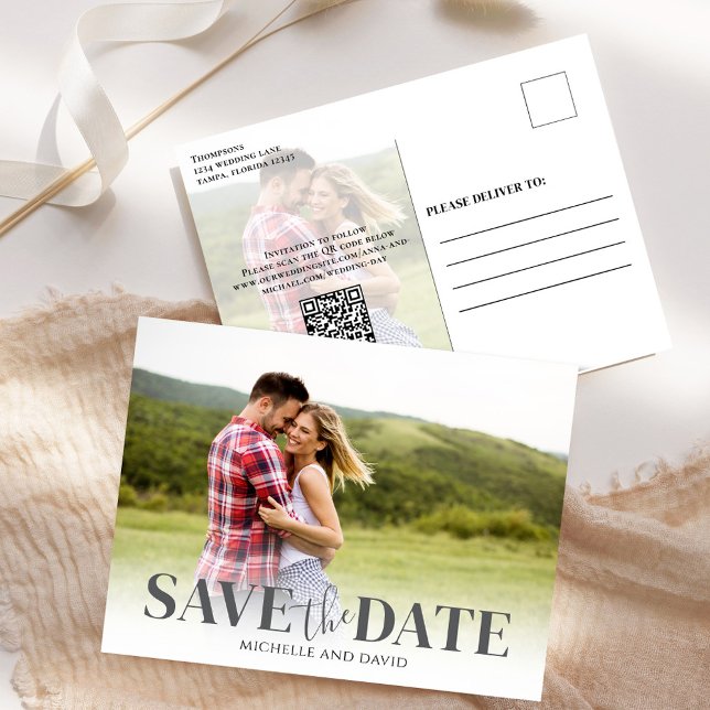 Save the Date Foto Simple Wedding Ankündigungspostkarte (Save the date wedding photo postcard)