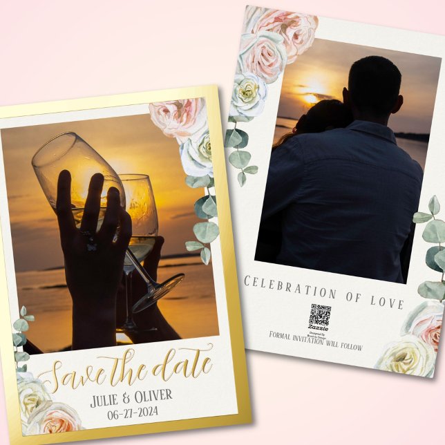 Save the Date Foto Watercolor Rose luxuriös Folieneinladung (Von Creator hochgeladen)