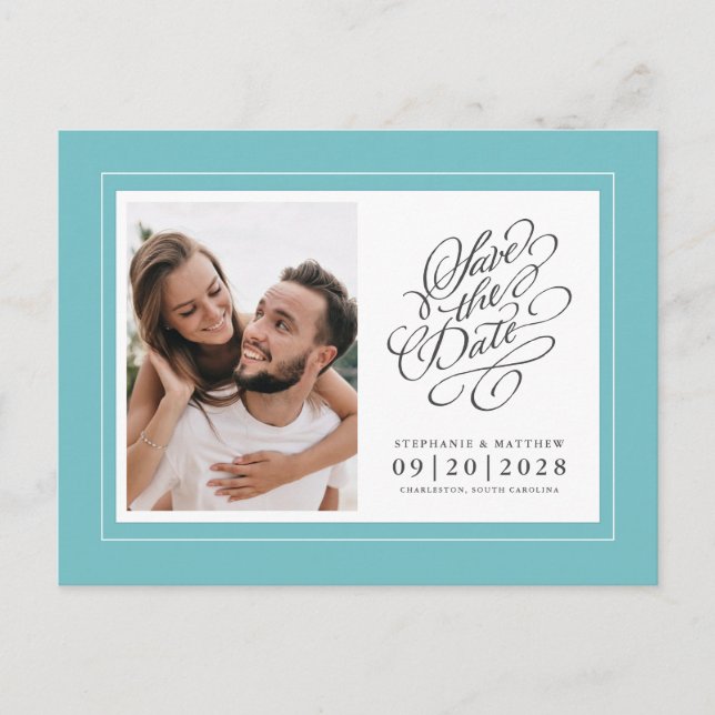 Save the Date Foto Wedding Aqua Ankündigungspostkarte (Vorderseite)