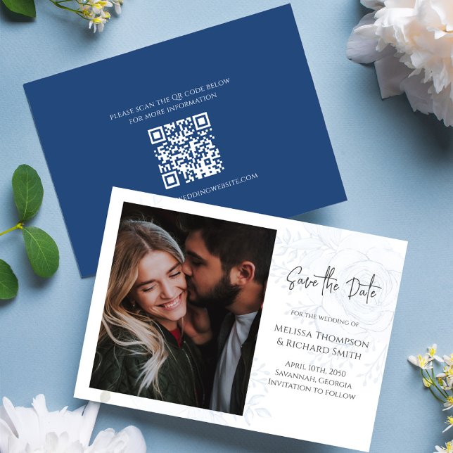 Save the Date Foto Wedding Blue Floral (Floral blue elegant Photo save the date card with QR code. )