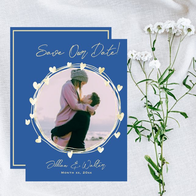 Save the Date Foto Wedding Blue Gold Hearts (Photo Save The Date Wedding Blue Gold Hearts)