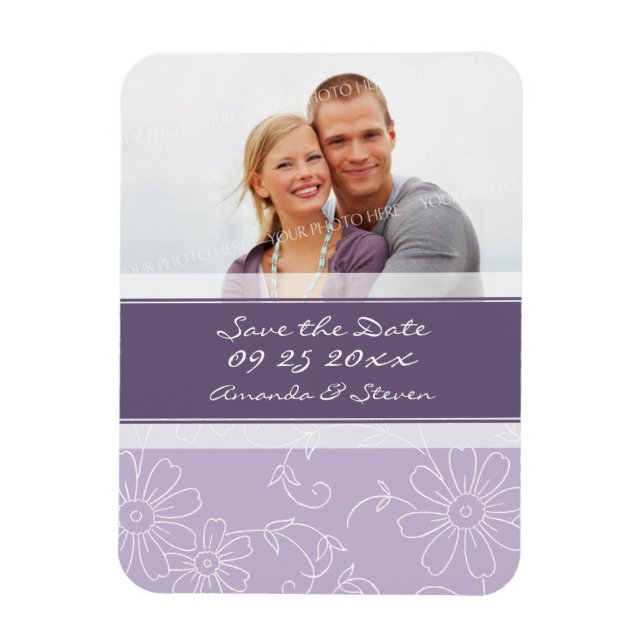 Save the Date Foto Wedding Magnet Lila Floral (Vertikal)