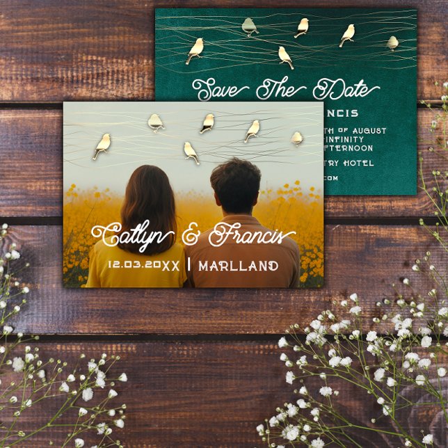 Save the Date Foto Woodland Hütte Golden Bird Einladung (Save The Date Photo Woodland Cottage Golden Bird Invitation)