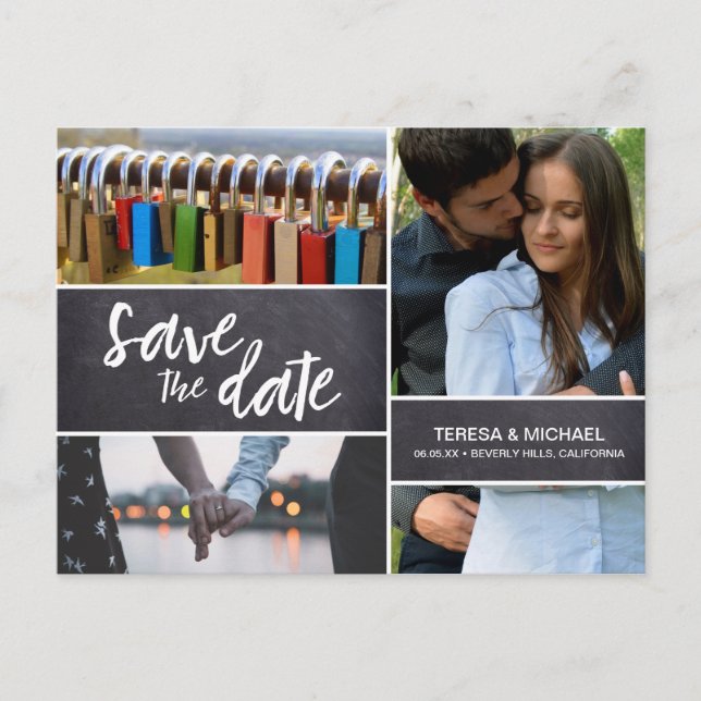 Save the Date, FotoCollage, Verlobung, gekabelt Postkarte (Vorderseite)