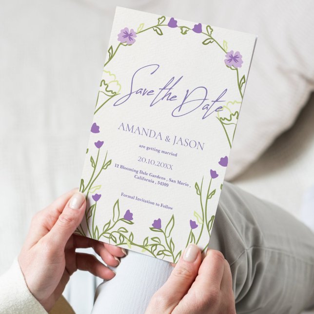 Save The Date Frame à fleurs violettes Mariage élégant Enregistr (Purple Flower Frame Elegant Wedding Save the Date)