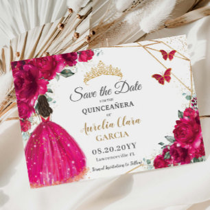 Save The Date Fuchsia Floral Princess Quinceañera Enregistrer la
