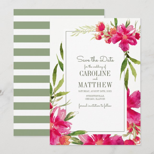 Save The Date. Fuchsia Green Floral Wedding Card Einladung (Vorne/Hinten)