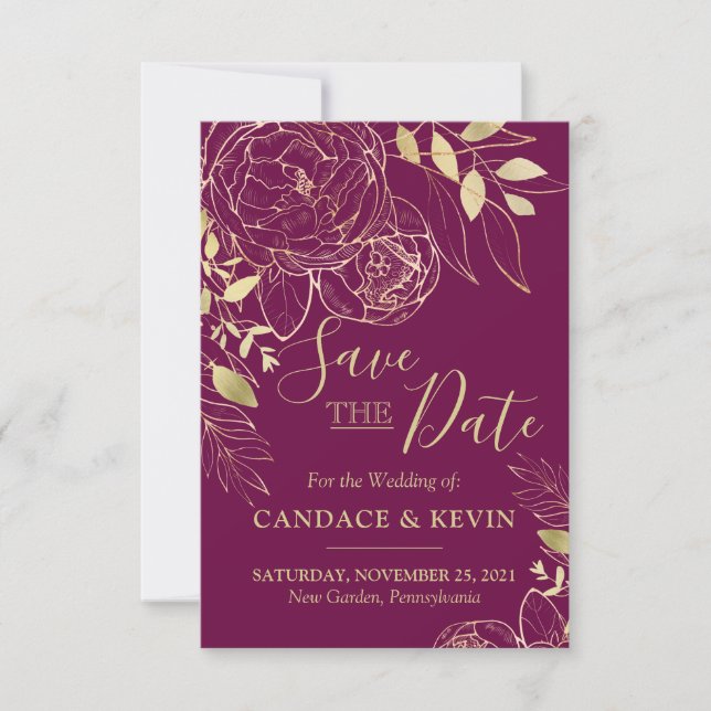 Save The Date Fuchsia Pink & Gold Peony Mariage Floral moderne (Devant)