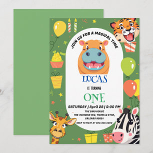 Save The Date Fun tiger Zebra Hippo safari zoo Wild Birthday