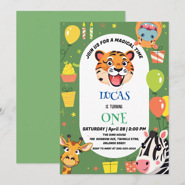 Save The Date Fun tiger Zebra Hippo safari zoo Wild Birthday (Devant / Derrière)