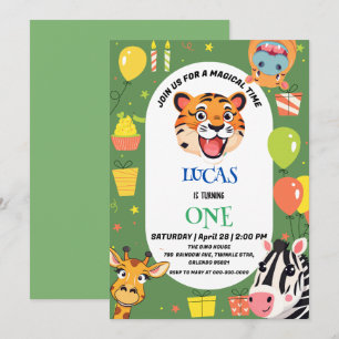 Save The Date Fun tiger Zebra Hippo safari zoo Wild Birthday