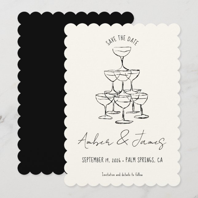 Save The Date Funky Black Main dessinée Champagne Tower Mariage (Devant / Derrière)