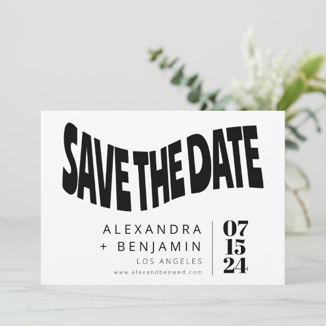Save The Date Funky Retro Super Unique Photo Blanc Noir Personna (Debout devant)