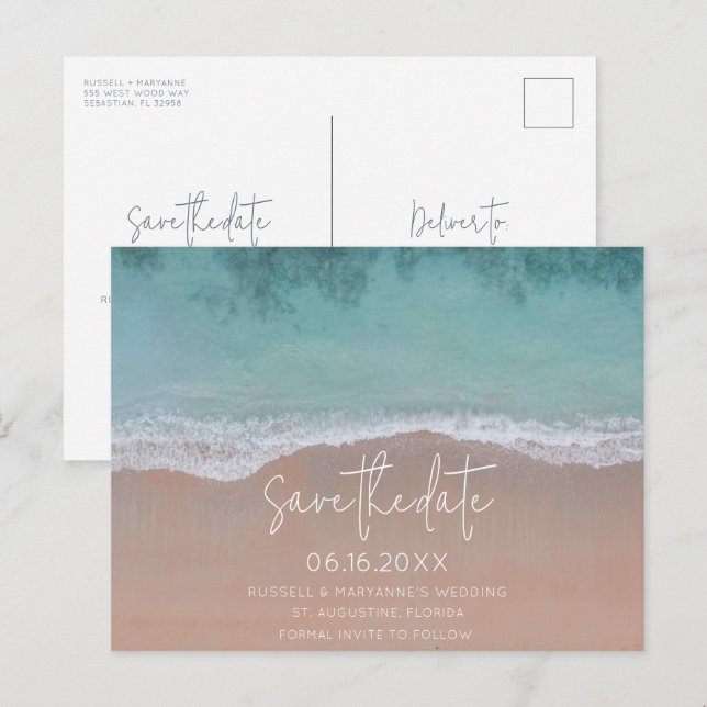 Save the Date für einfache Hochzeiten am Strand Ankündigungspostkarte (Vorne/Hinten)