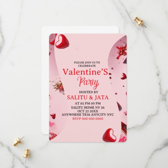 Save The Date Galentine’s Party Invitation, Pink Heart & Bow Bir (Devant/Arrière en situation)