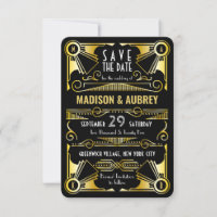 Save the Date Gatsby Wedding Art Deco Gold Black