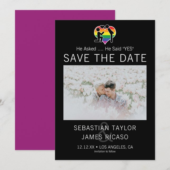 Save the Date Gay He sagte Ja Personalisiert Foto Ankündigung (Vorne/Hinten)