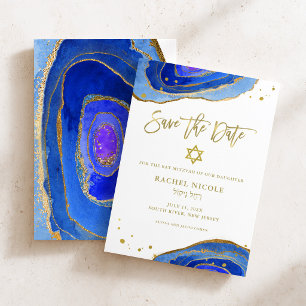 Save The Date Géode Bleu Aquarelle avec Or Bat Mitzvah
