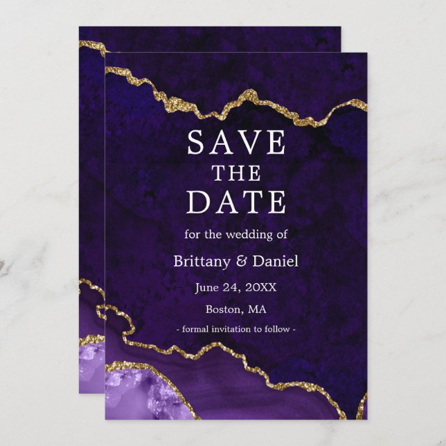 Save The Date Géode d'agate de marbre doré violet aquarelle élég (Devant / Derrière)