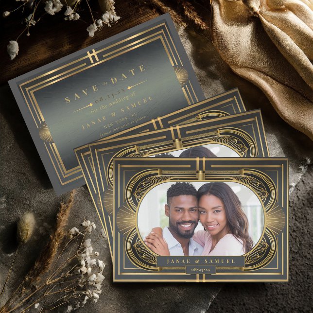 Save The Date Glam Art Déco Mariage Photo Black/Gold ID1033 (Créateur téléchargé)
