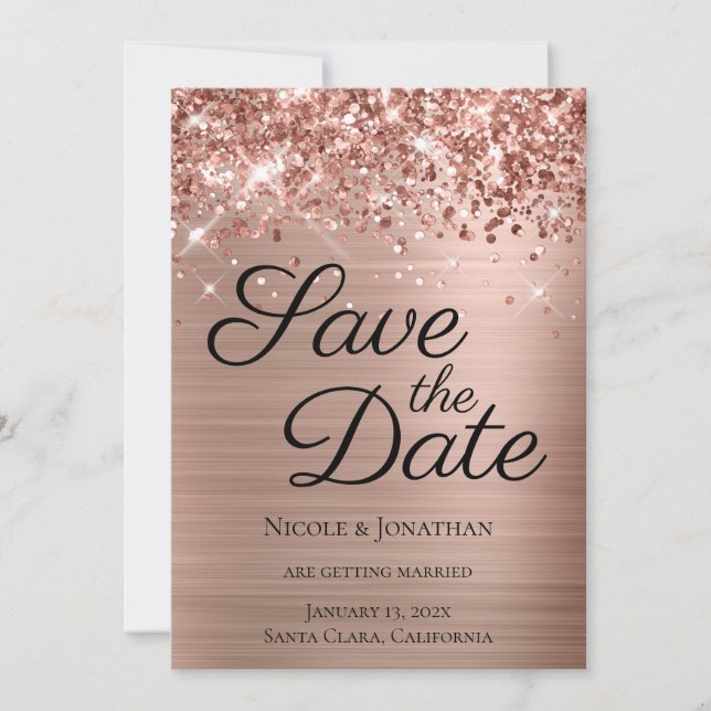 Save The Date Glitterie Rose Gold Foil Élégante calligraphie (Devant)
