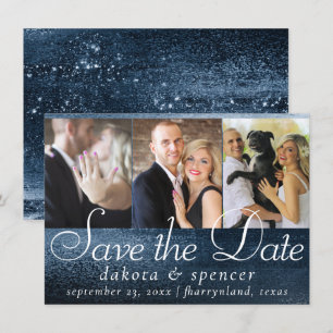 Save The Date Glitzy Foil Marine Blue Dark Faux Parties scinti