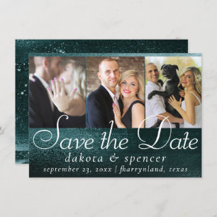 Save The Date Glitzy Foil Minuit Turquoise Faux Metallic 3 Pho