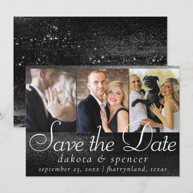 Save The Date Glitzy Foil | Onyx Black Dark Faux Shimmer 3 Photo (Devant / Derrière)