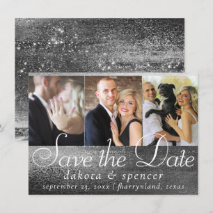 Save The Date Glitzy Foil Silver Platinum Faux Chrome 3 Photo