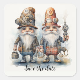 Save the Date Gnomen mit Laterne und Werkzeugen Quadratischer Aufkleber