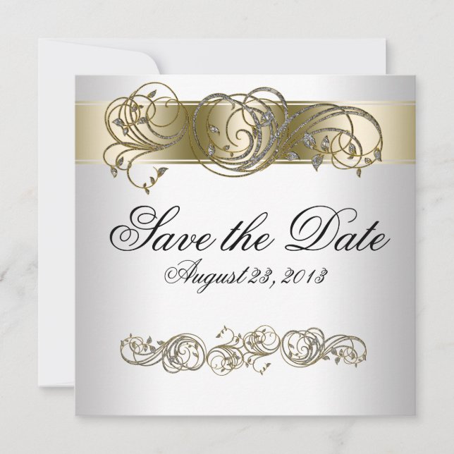 Save The Date Gold Argent Ornate Formal Enregistrer la date (Devant)