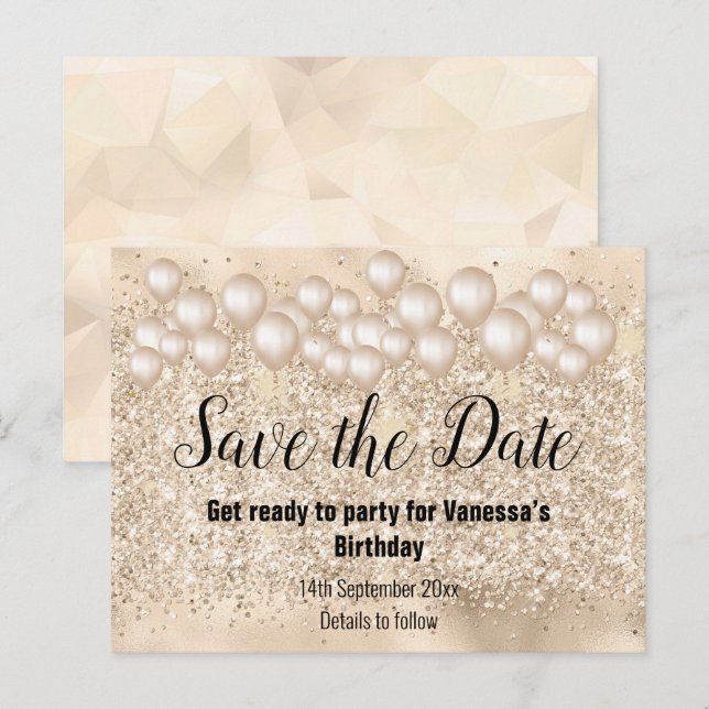 Save the Date Gold Balloons Glitzer Ankündigungspostkarte (Vorne/Hinten)