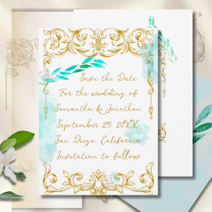 Save The Date Gold Baroque Turquoise Aqua Calligraphie Vintage