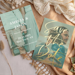 Save the Date Gold Calligraphy Foto Foil Einladung