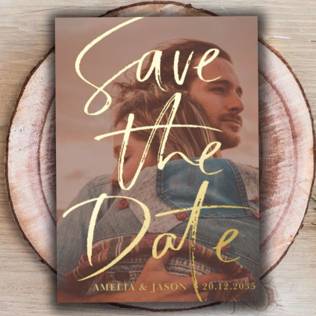 Save the Date Gold Calligraphy Foto Folieneinladung (Von Creator hochgeladen)