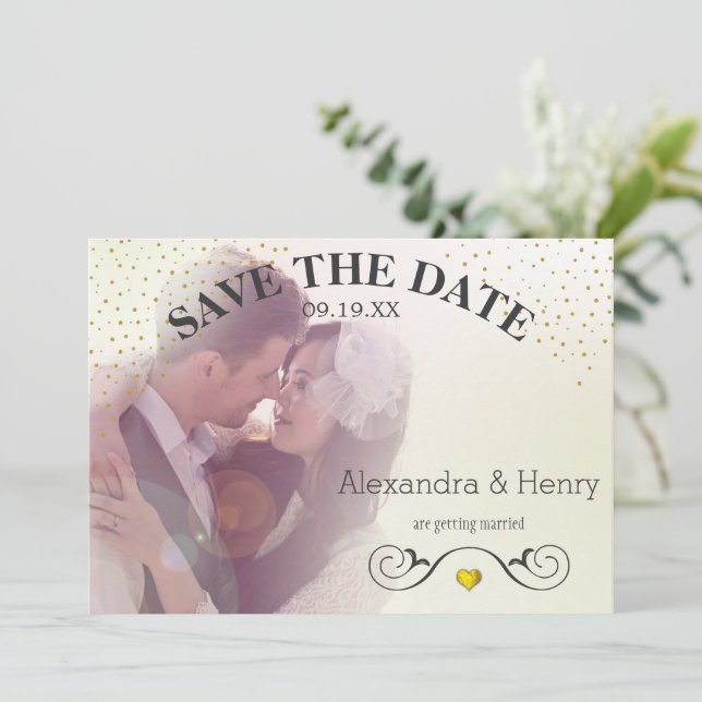 Save The Date Gold Circle Lights sur l'arrière photo Enregistrer (Debout devant)