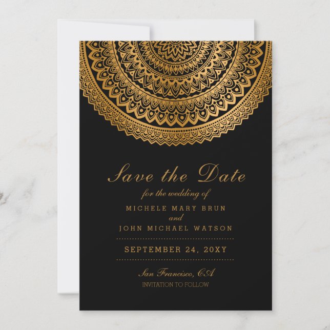 Save The Date Gold Classy Mandala Black Enregistrer la date Cart (Devant)